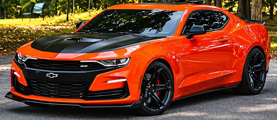 Orange Chevrolet Camaro coupe parked outdoors, side view with black racing accents and wheels