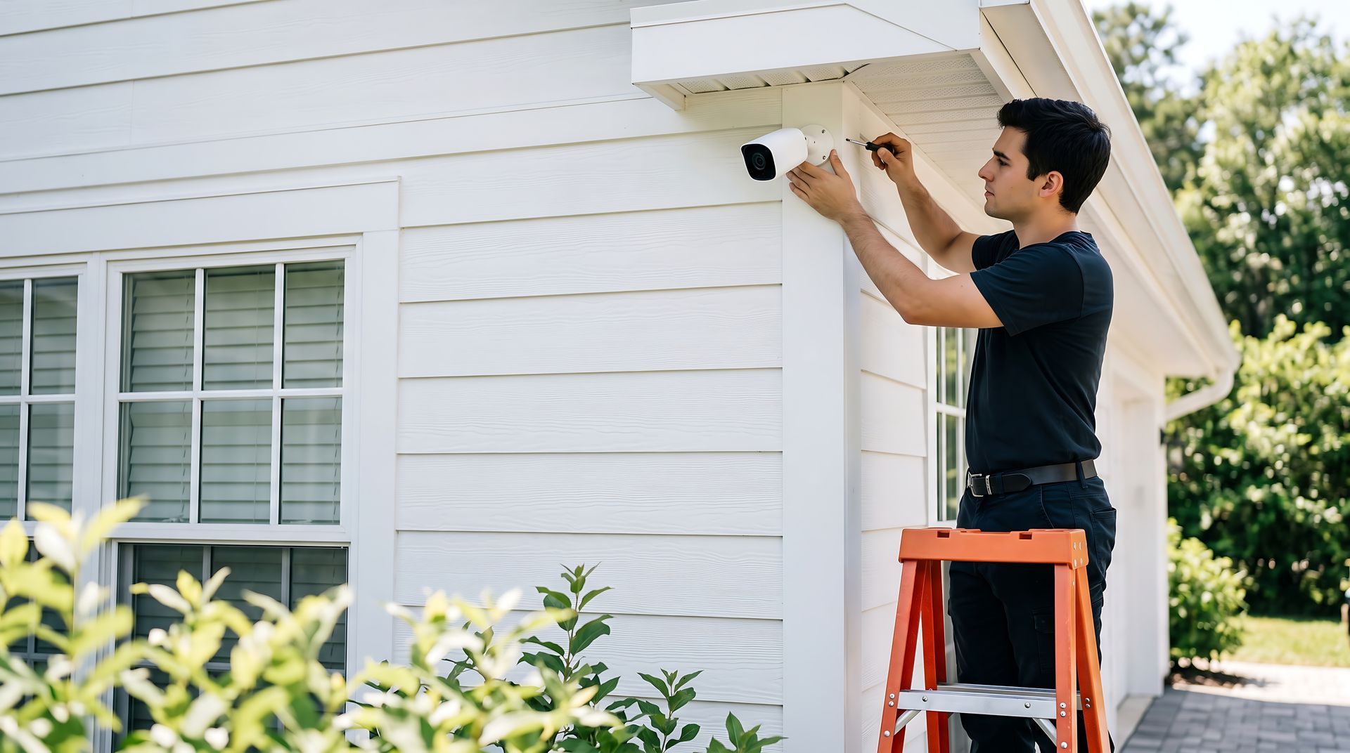 Person installing an outdoor security camera on a house while standing on a ladder.