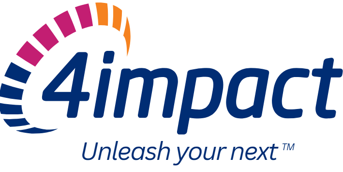 4impact logo with blue italic text, multicolor arc, and tagline “Unleash your next™”