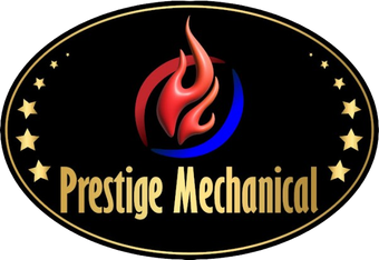 A logo for prestige mechanical with a flame in the center