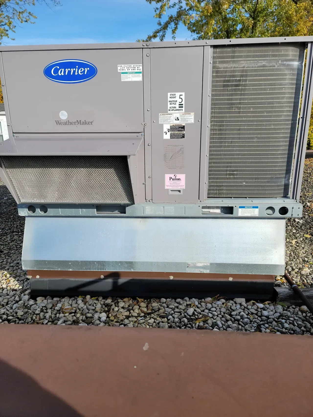 A large carrier air conditioner is sitting on top of a pile of rocks.