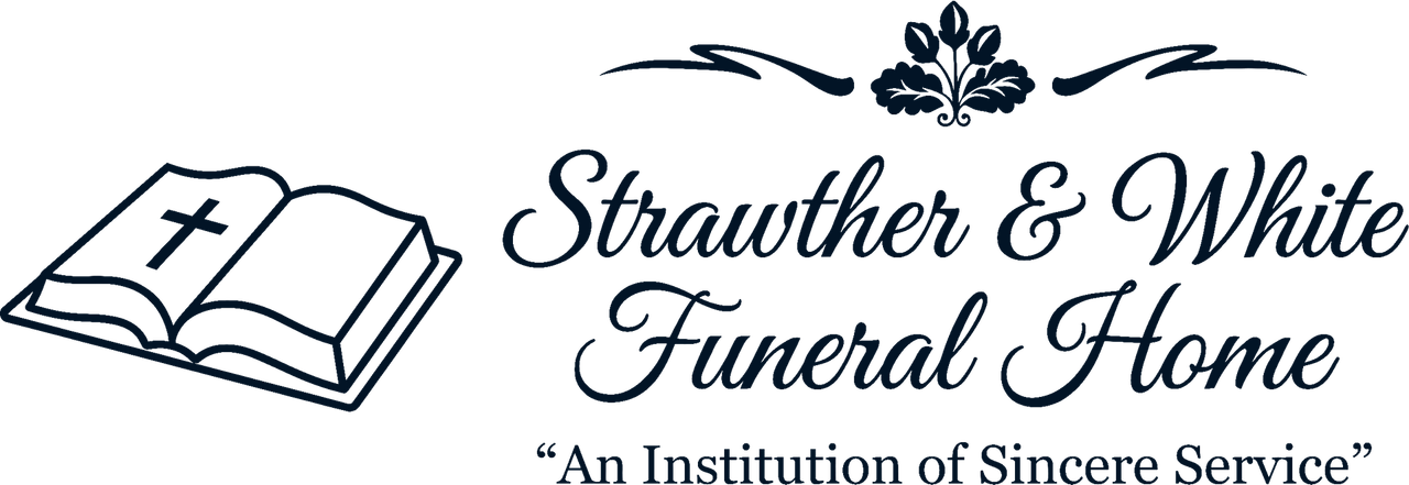 Strawther & White Funeral Home logo with open book icon and blue script text on white background