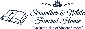 Strawther & White Funeral Home logo with open book icon and blue script text on white background