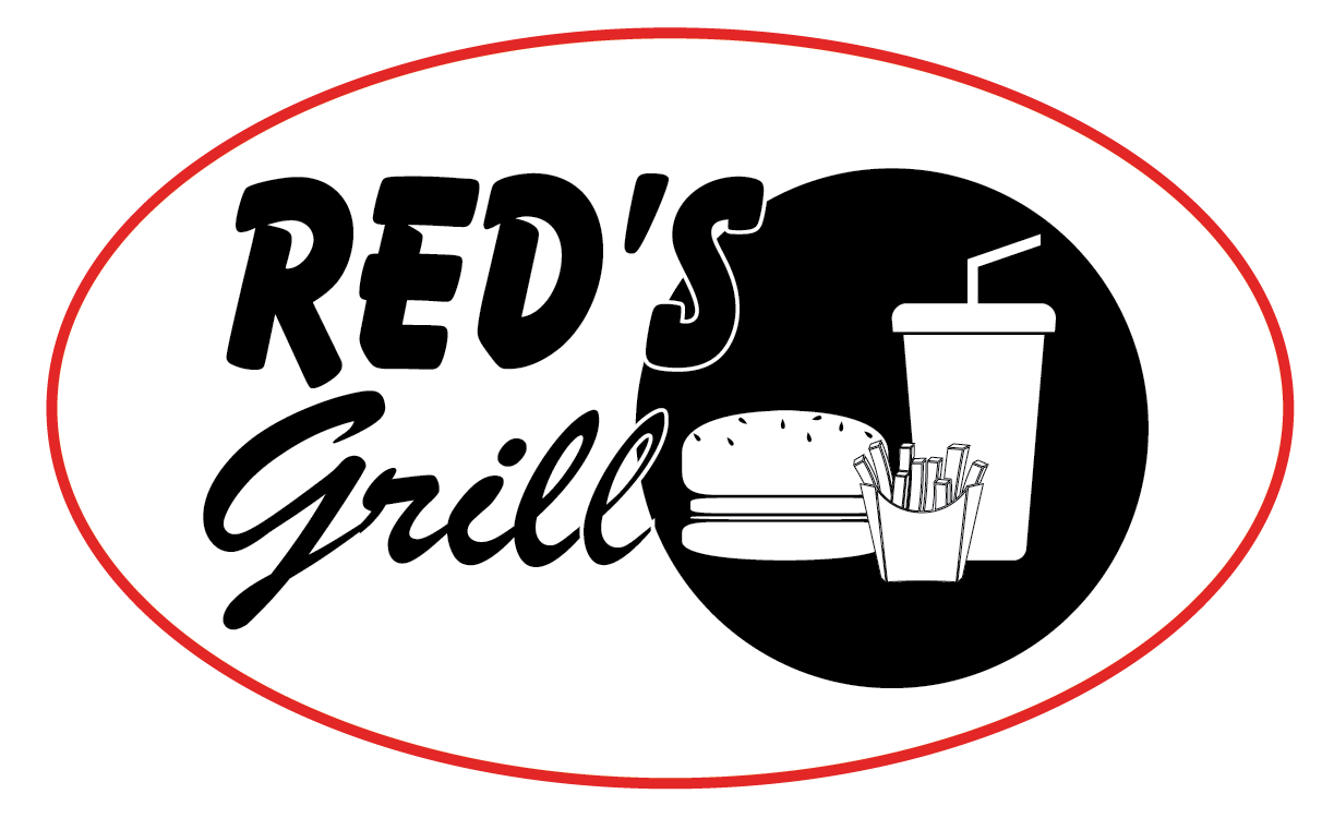 Red's Grill logo with text and food illustration inside an oval frame.