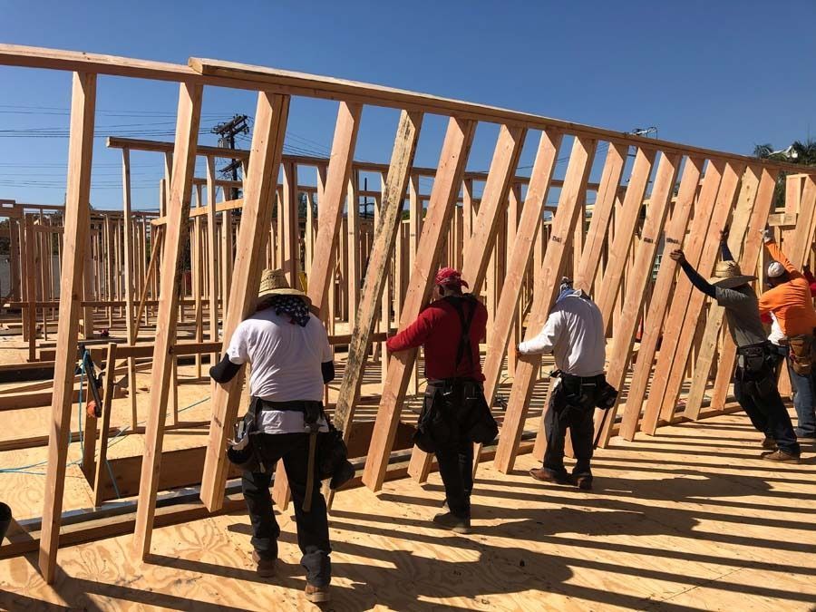 Construction workers raising a wooden wall frame outdoors. Sunny day.