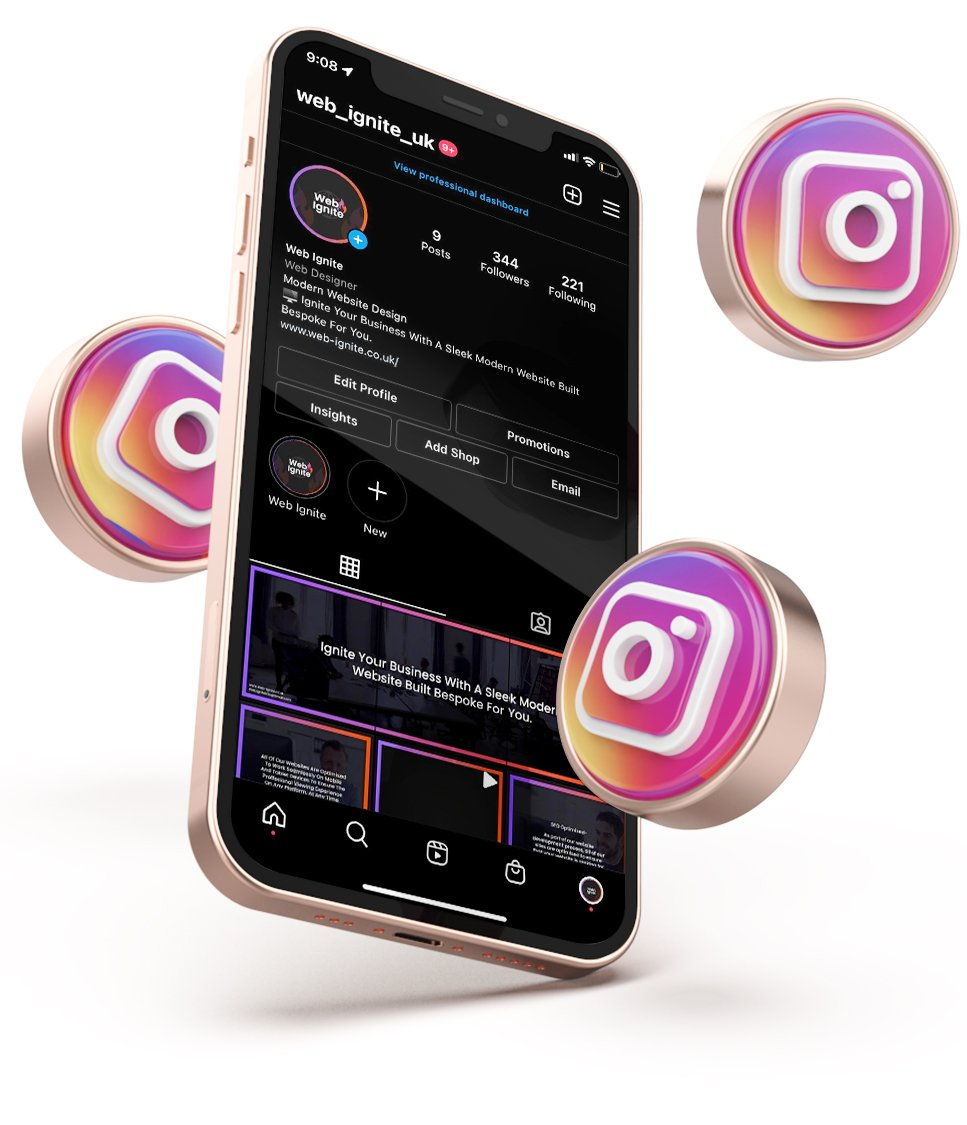 IPhone displaying an Instagram profile with three floating Instagram logo icons.