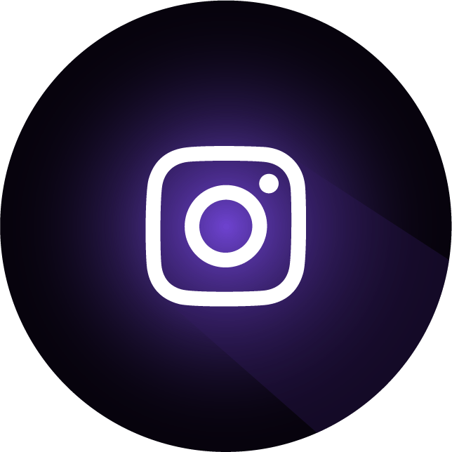 Instagram logo on a dark purple gradient background. White camera icon with long shadow.