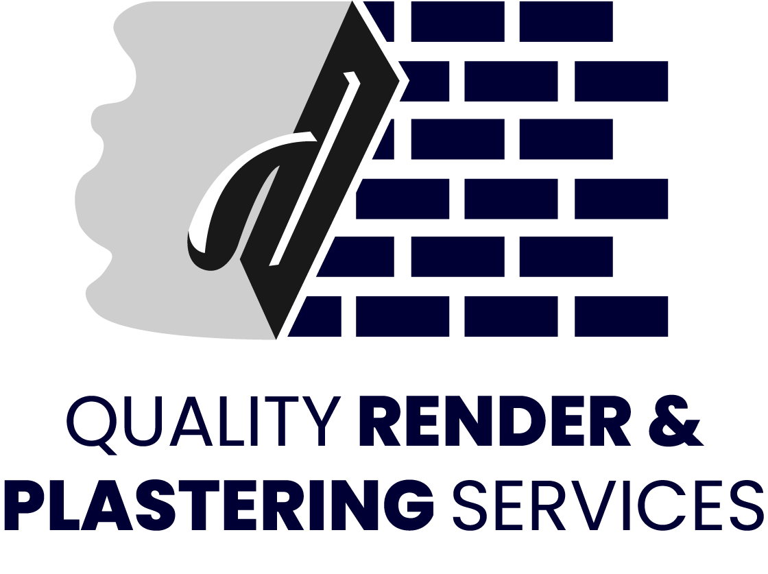 Logo: Plastering tool over a brick wall, with 