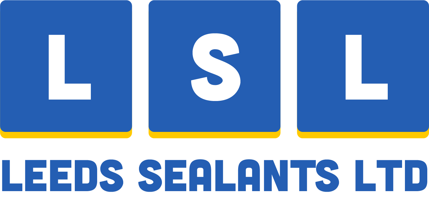 Logo for Leeds Sealants Ltd, blue squares with white letters LSL, yellow bar, text