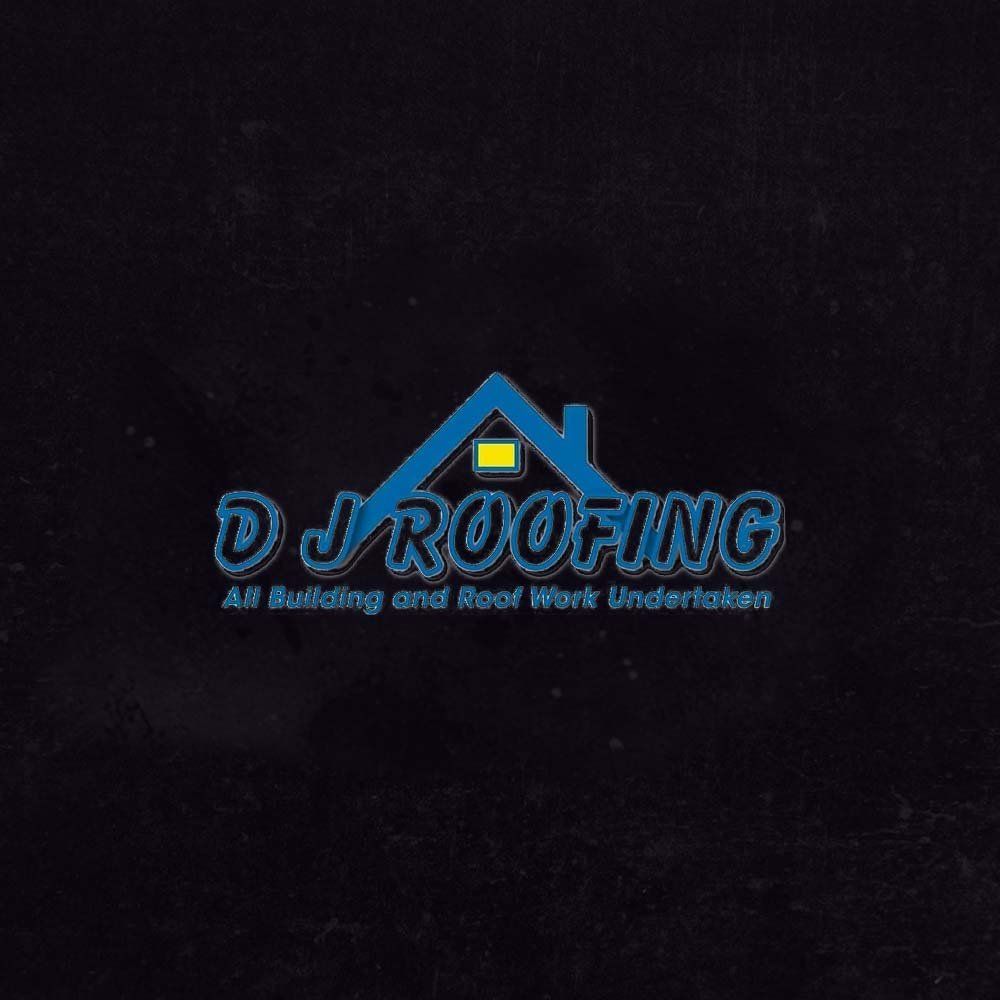 Logo for DJ Roofing, blue roof icon, company name in blue, and text
