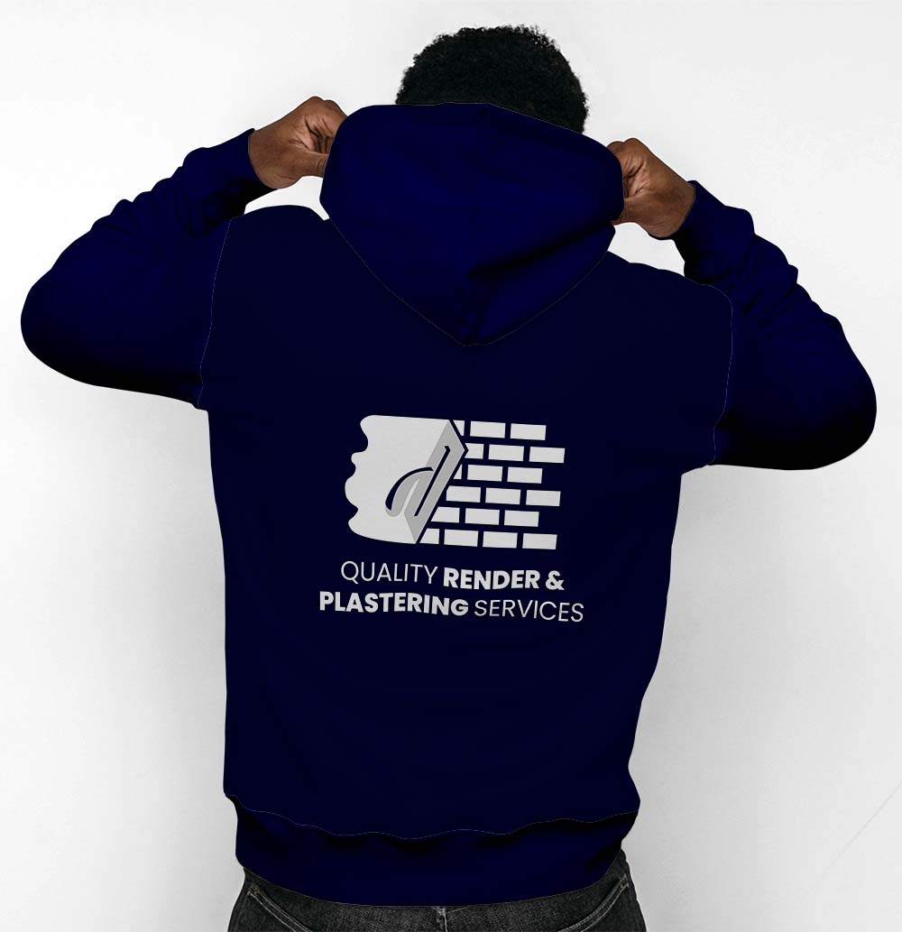 Back view of a person in a dark blue hoodie with a plastering services logo on the back.