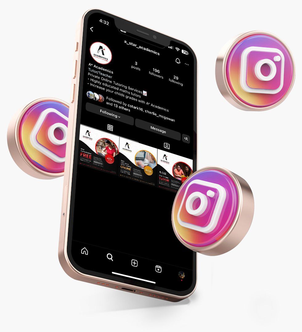 IPhone displaying an Instagram profile. Instagram logo icons float around the phone, all with pink and gold accents.