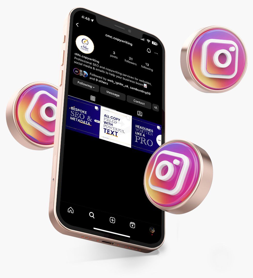 IPhone displaying Instagram profile with floating Instagram icons.