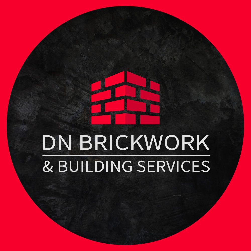 DN Brickwork logo: red brick building icon on a black, textured circle, set against a red background.