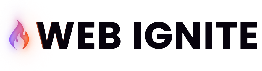 Web Ignite logo: Text with a flame icon, black text, flame is purple, orange, and yellow.