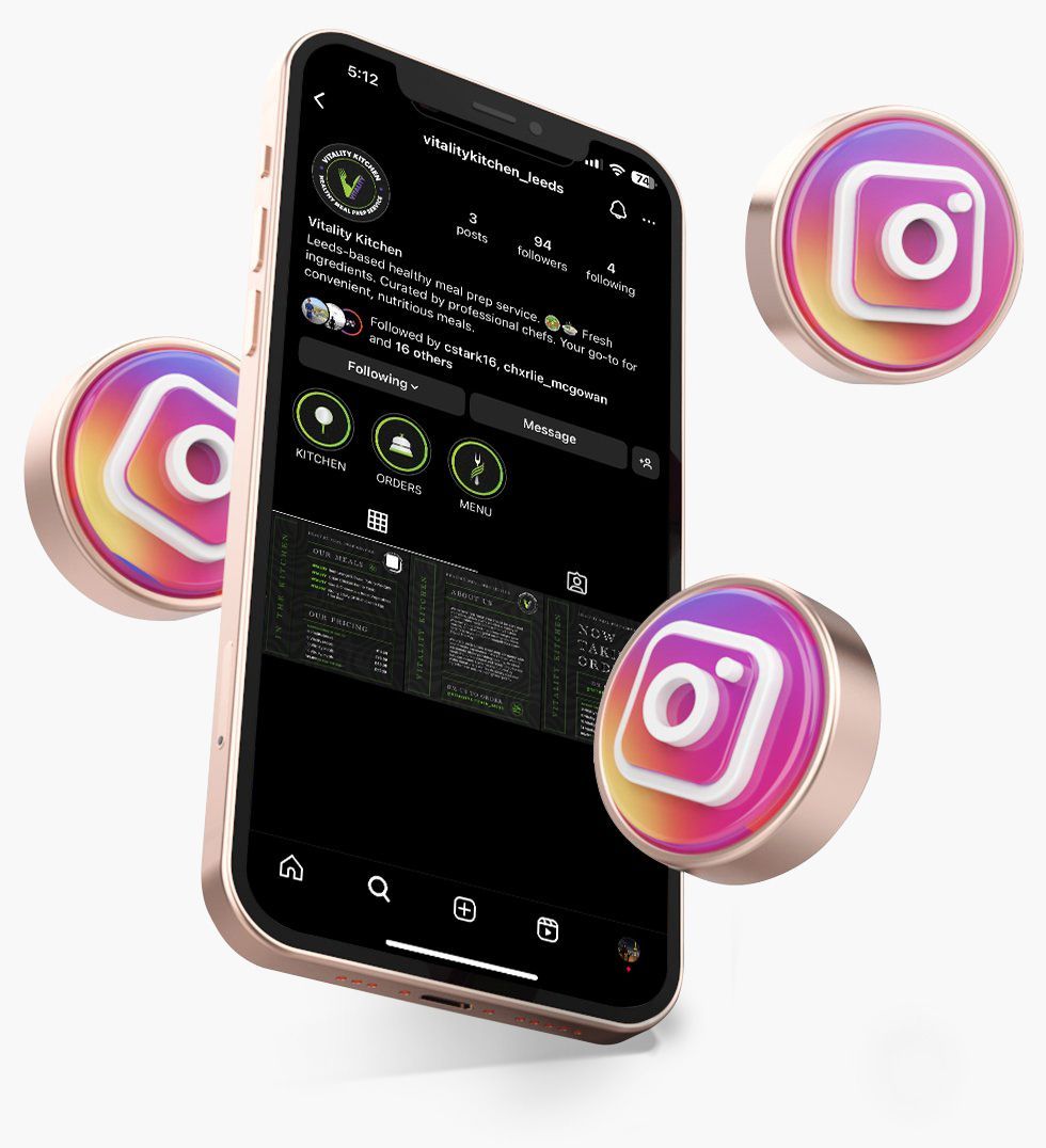 IPhone with Instagram profile and floating Instagram logos.