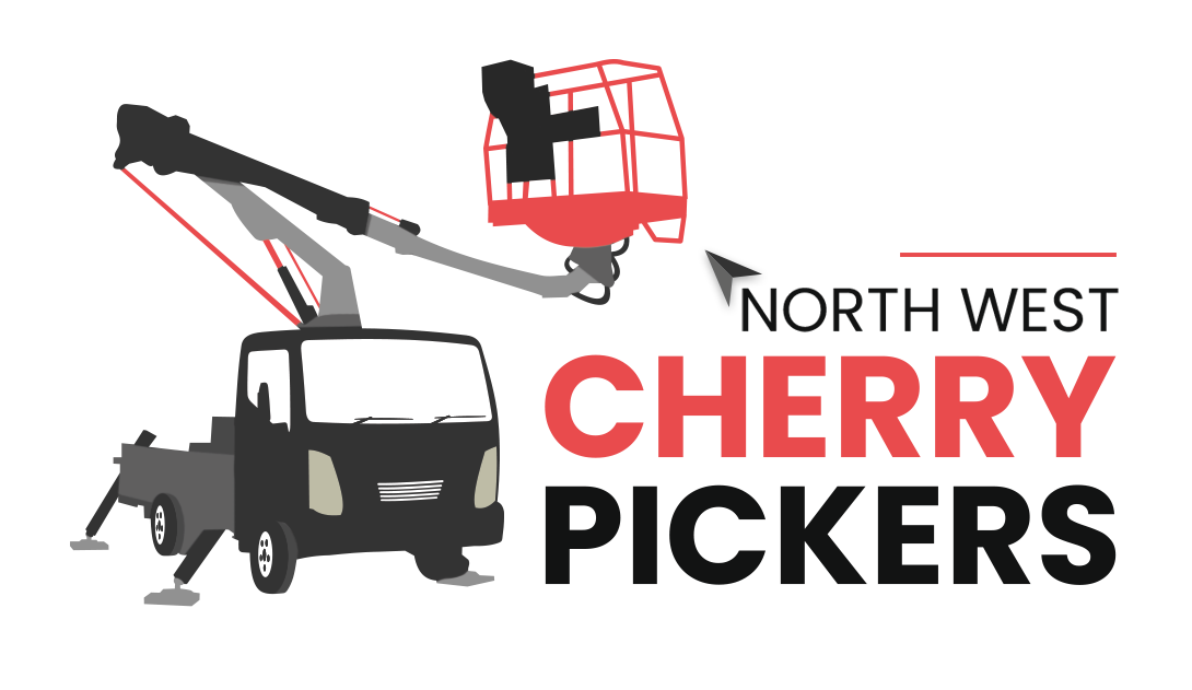 Logo: Cherry picker truck, red bucket,