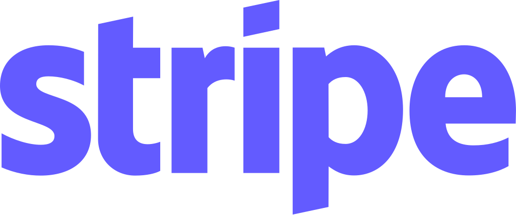 Stripe logo in blue: a stylized wordmark with a distinct slant on the