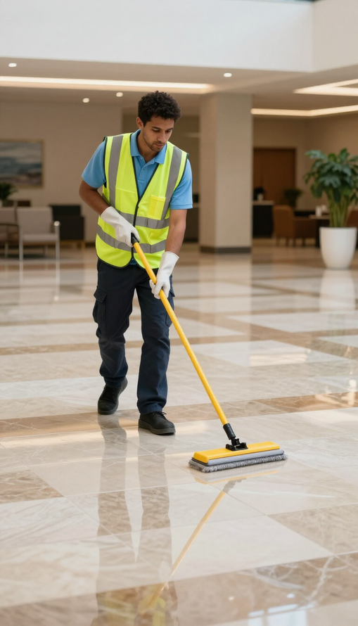 Yellow wet-floor caution sign in a lobby while cleaners mop the wet floor around it
