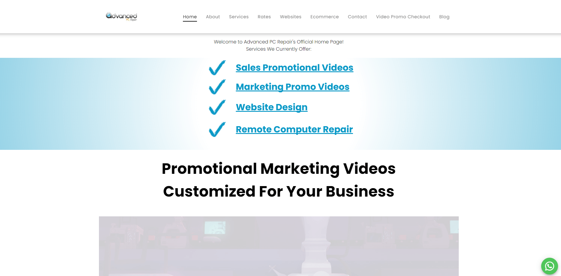 A screenshot of a website that says promotional marketing videos customized for your business.
