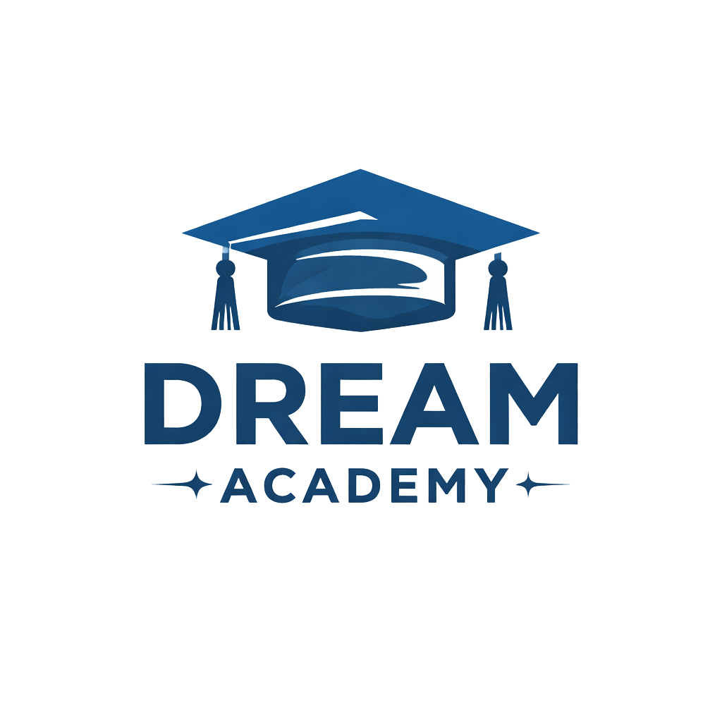 A dark blue logo featuring a graduation cap above the text "DREAM ACADEMY" with decorative stars on the sides.
