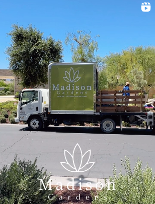 Delivery truck from Madison Garden, parked on a street. A person loads plants onto the bed. Green truck with a logo, sunny day.