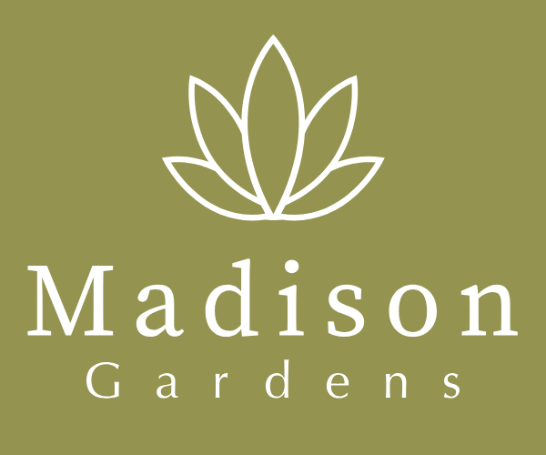 Logo for Madison Gardens: white flower icon above text on olive-green background.