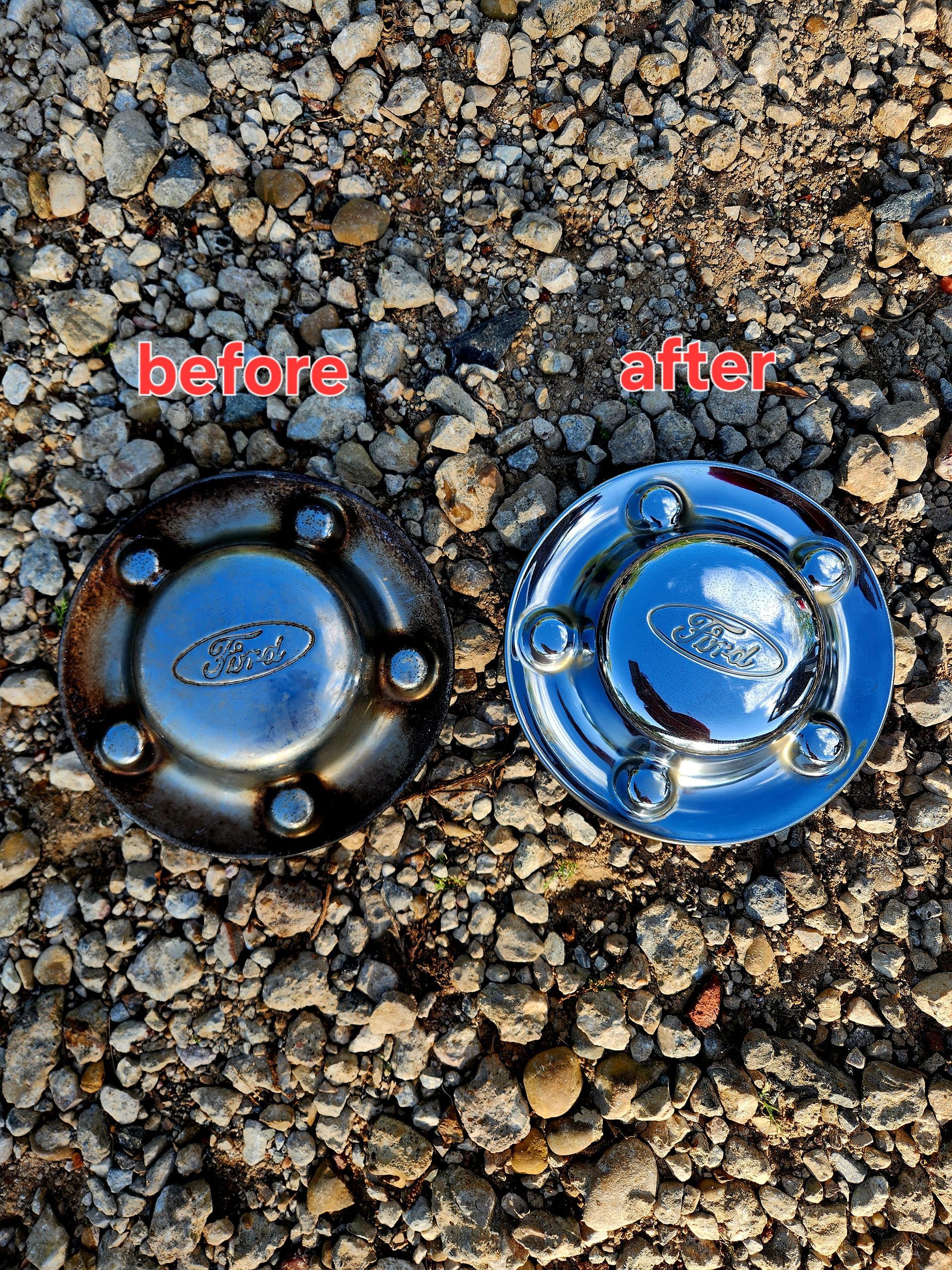 Two Ford hubcaps, one rusted and the other shiny, labeled 