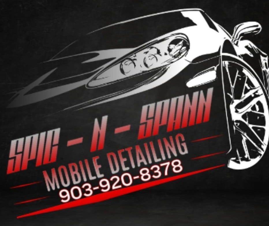 Logo for Spic-N-Spann Mobile Detailing. Car graphic with red and white text on a dark background. 903-920-8378 phone number.