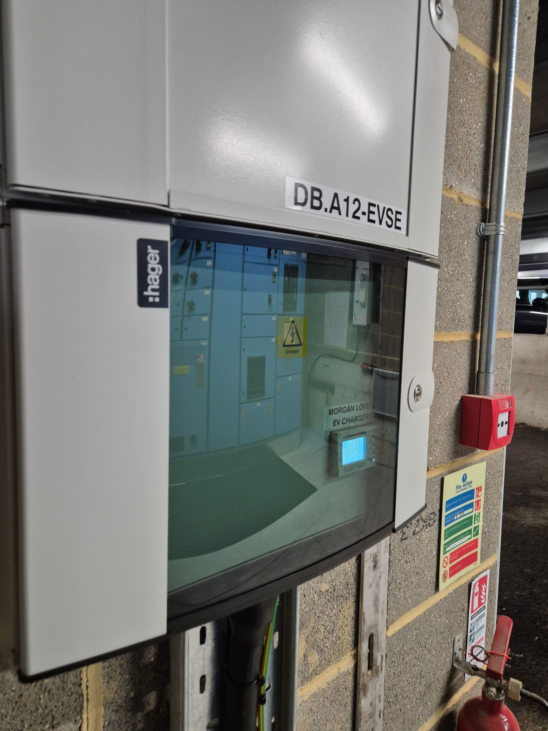Hager TPN distribution board for a commercial EV charger installation in a n electrical switch room with SWA cable submain and steel cable tray installed by the qualified electricians at Matt Browning Electrical