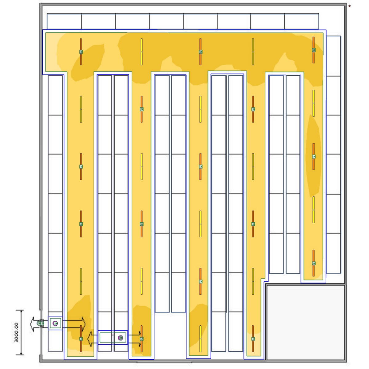 Lighting design plot for LED lighting upgrade in a warehouse including daylight sensors and occupancy sensors for energy efficiency coupled with emergency lighting, all installed by Matt Browning Electrical in Bracknell near Reading