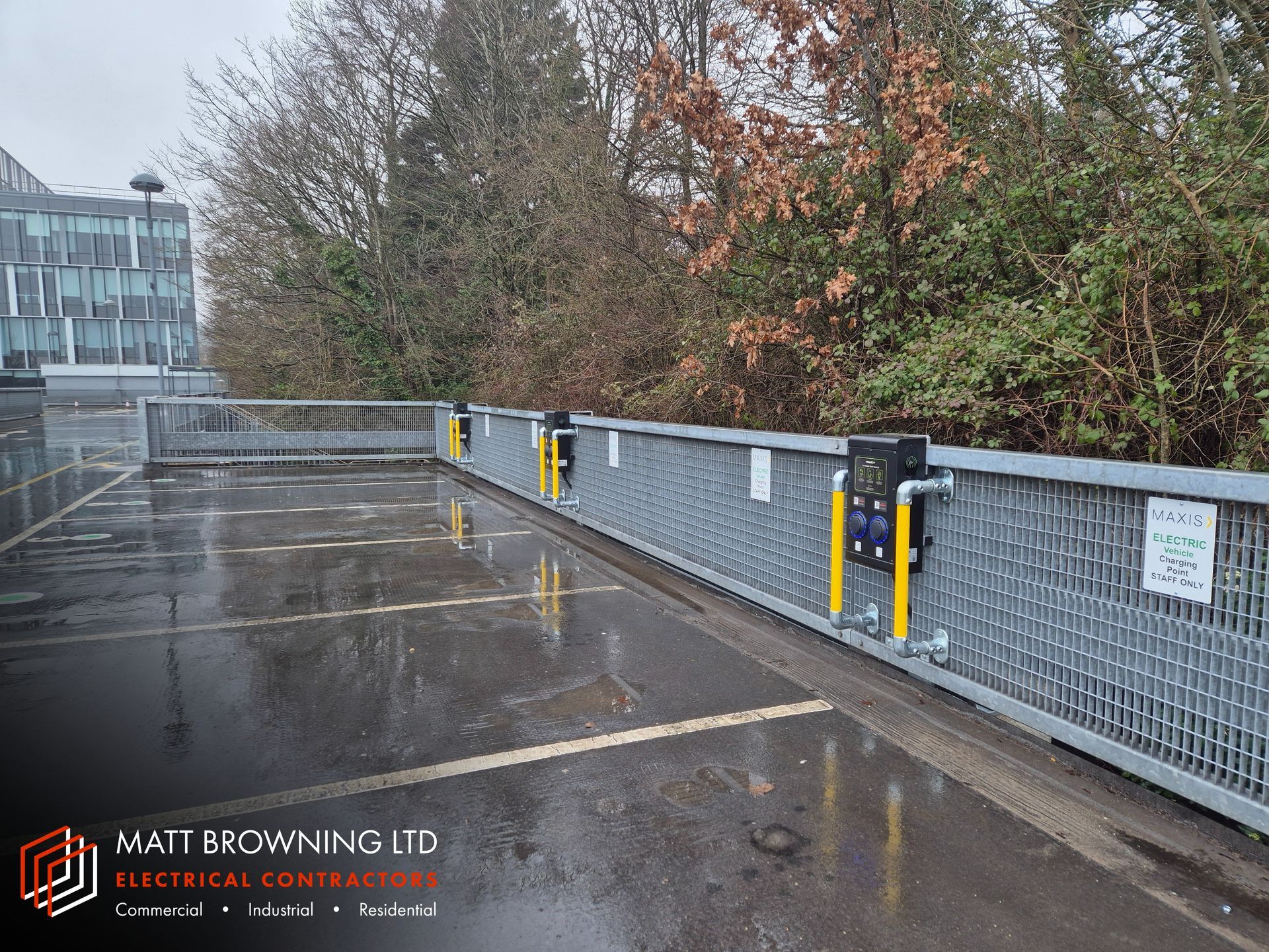 Workplace EV Charging in a car park at Maxis office business park in Bracknell, near Wokingham, Berkshire installed by Matt Browning Electrical Contractors. 