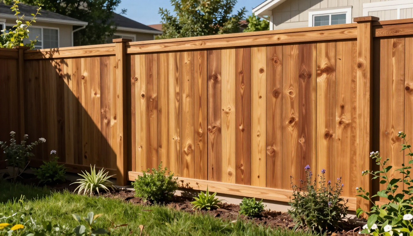 A beautifully maintained cedar privacy fence in a Denver backyard.