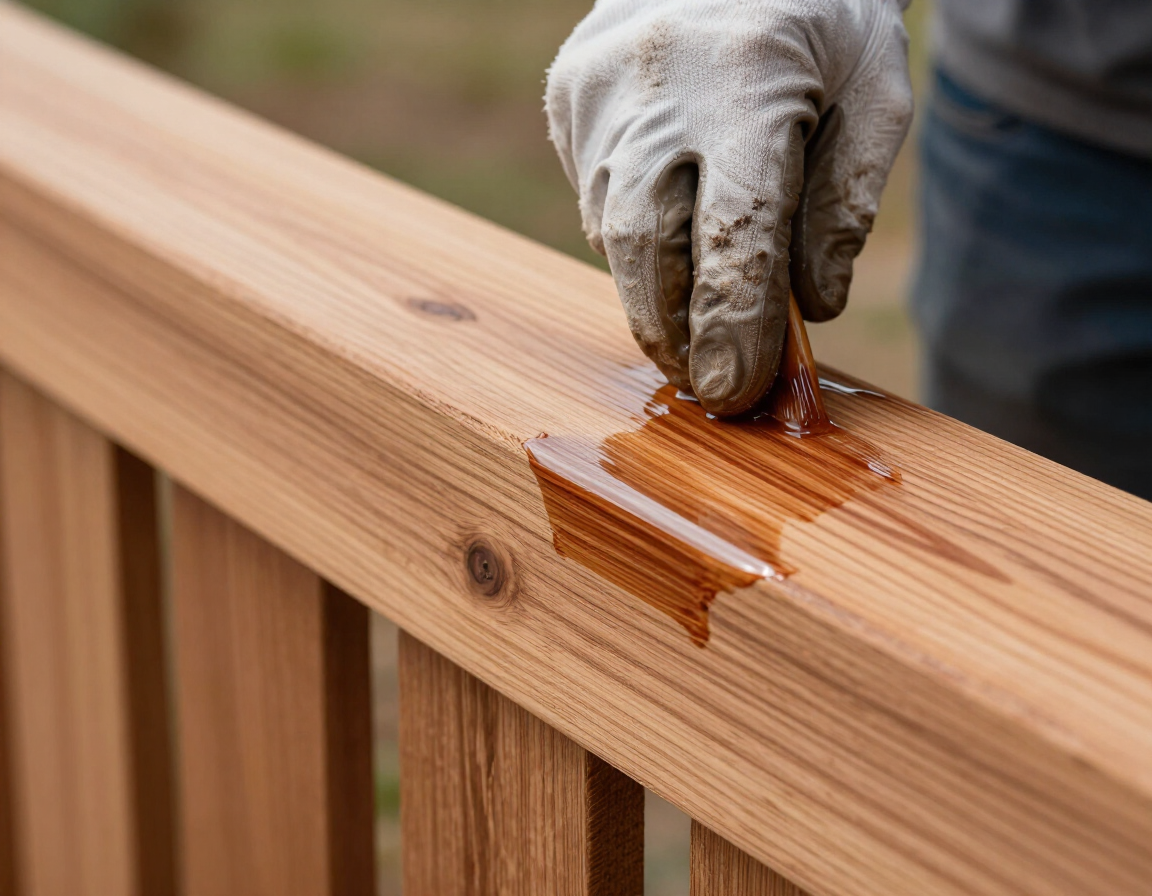 Staining a wood fence close up