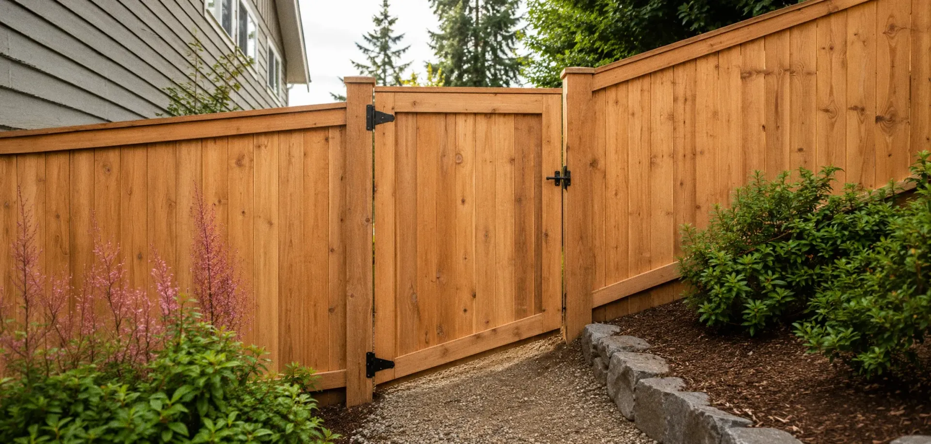 Wooden fence and gate beside a house, bordering a sloped stone path and green shrubs