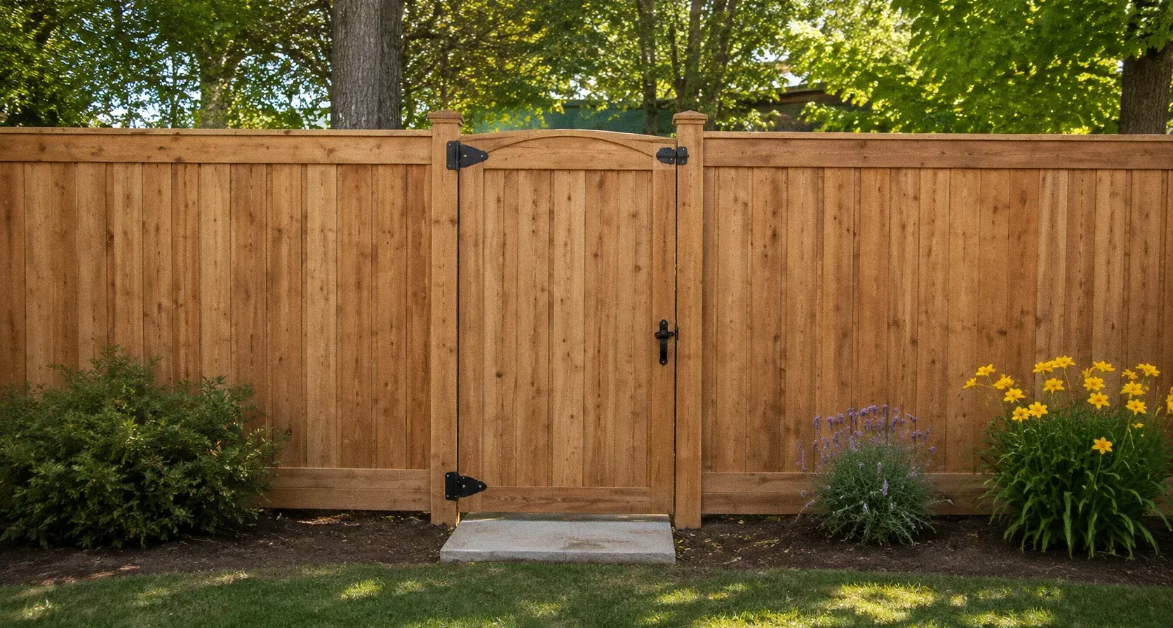 Wooden backyard gate in a fenced garden with shrubs and yellow flowers, under trees.