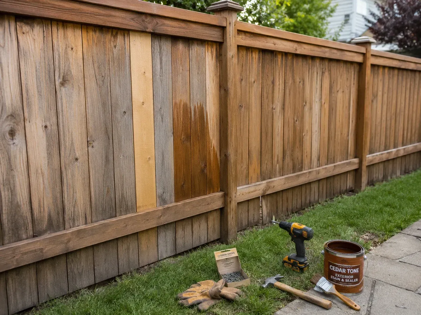 Wooden backyard fence being stained, with tools and a paint can on the grass