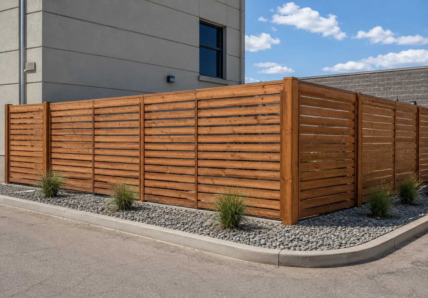 Wooden slat fence enclosing a gravel corner beside a modern building and street