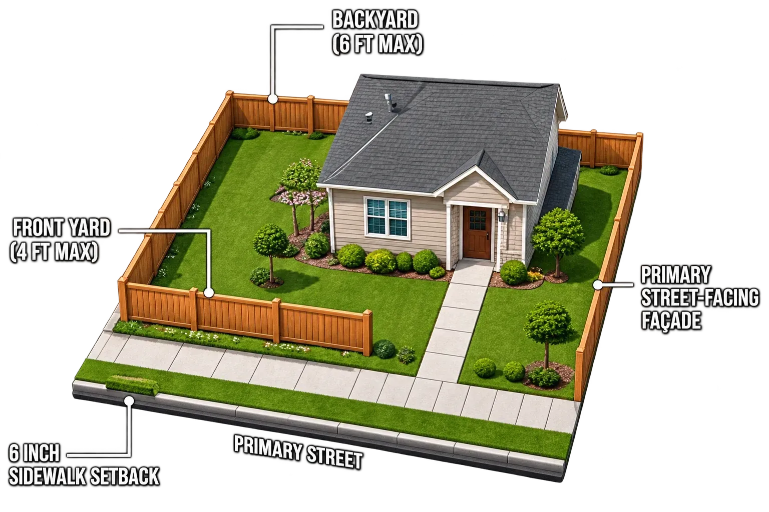 Diagram of a house yard layout with labels for backyard, front yard, boundary line, and primary street.