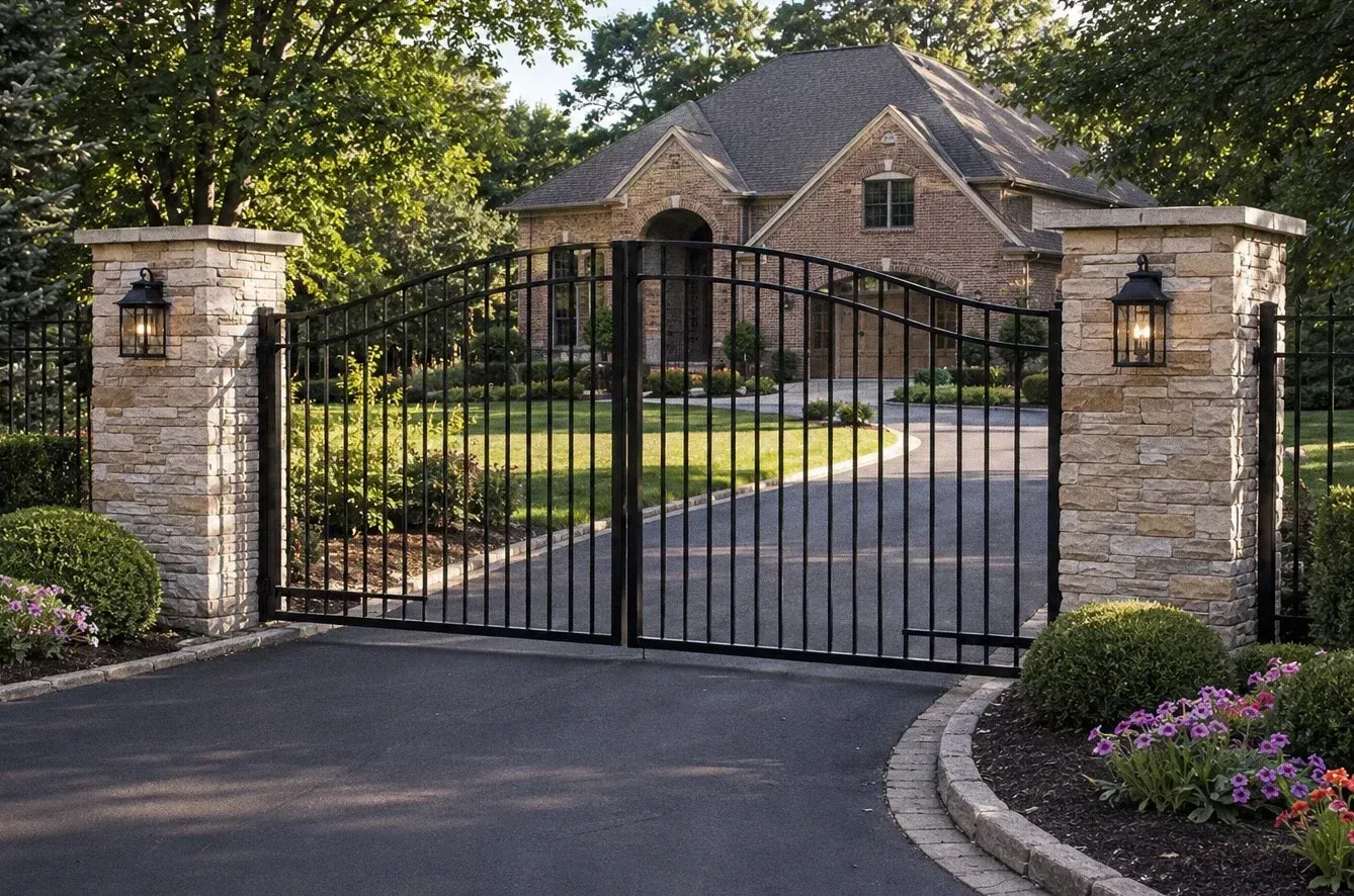 Closed black iron gate between brick pillars in front of a brick house with landscaped driveway