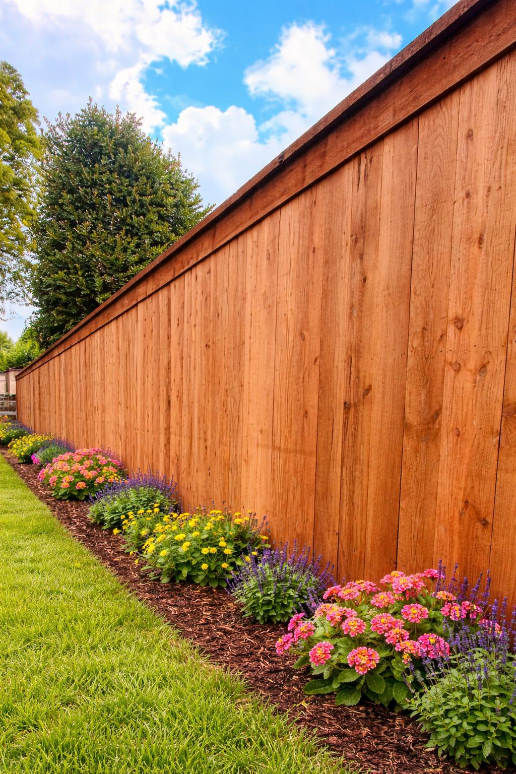 Long wooden fence beside a green lawn, lined with colorful flower beds under a blue sky