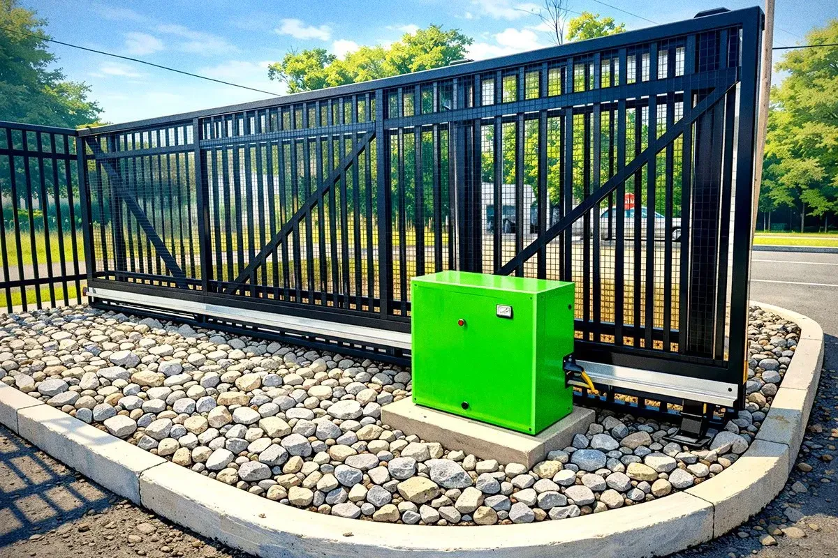 Black metal sliding gate beside a bright green utility box on a gravel median outdoors