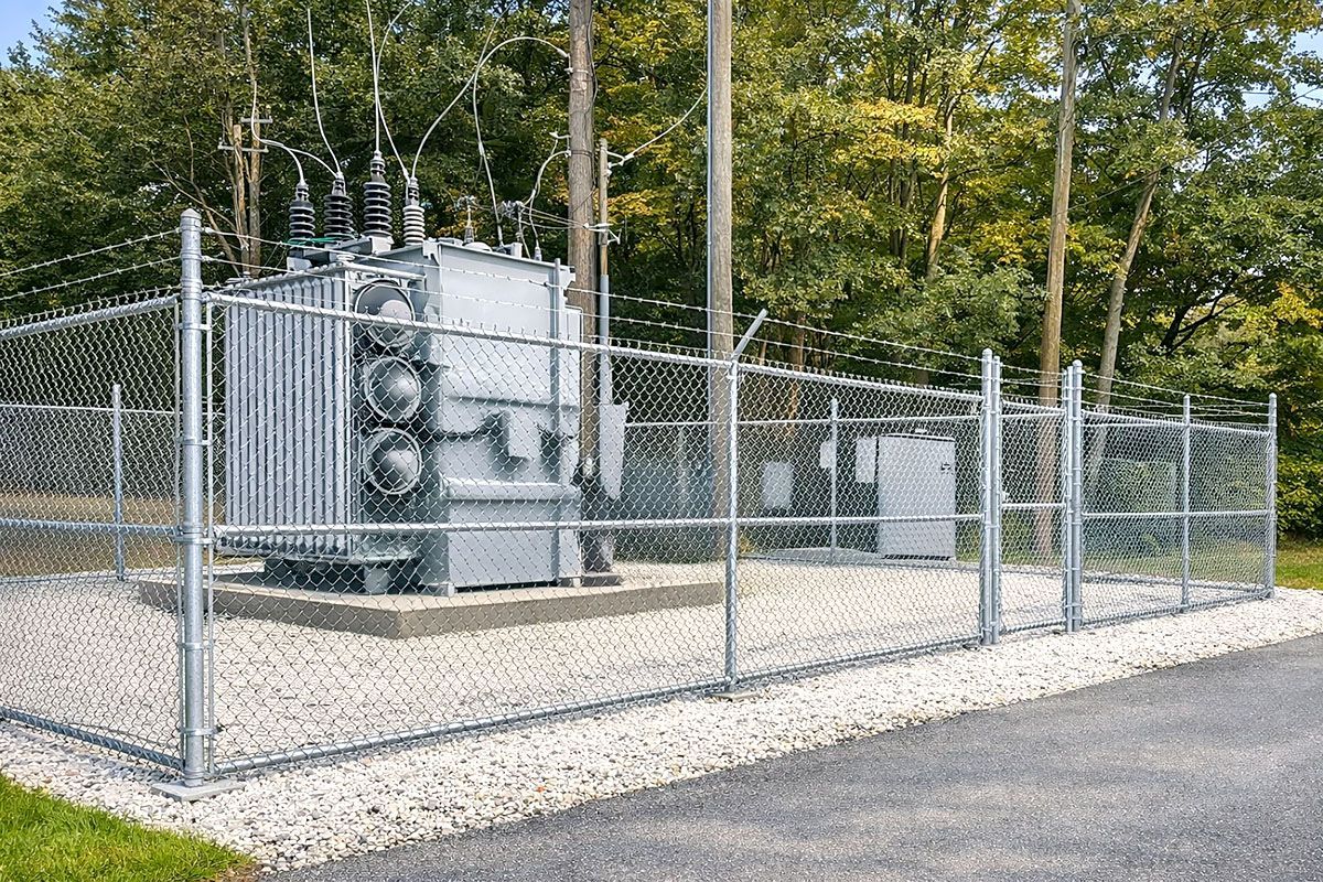 Chain-link fenced electrical transformer station in a wooded area beside a road