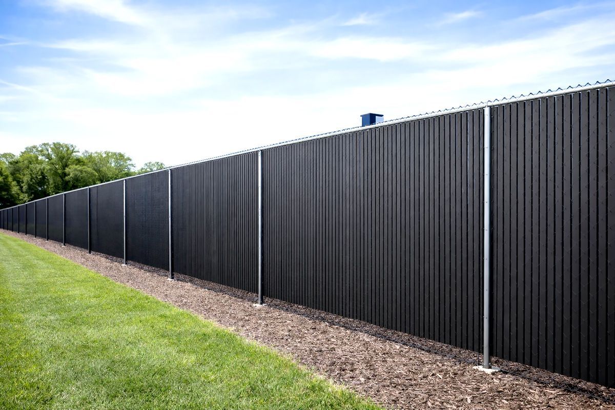 Long black privacy fence along a grassy strip under a blue sky