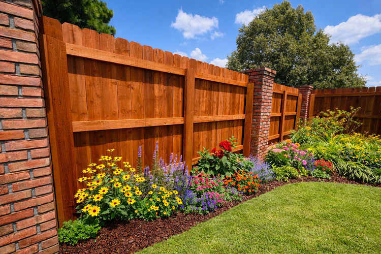 Wooden fence with brick pillars beside a colorful flower bed and green lawn under a blue sky