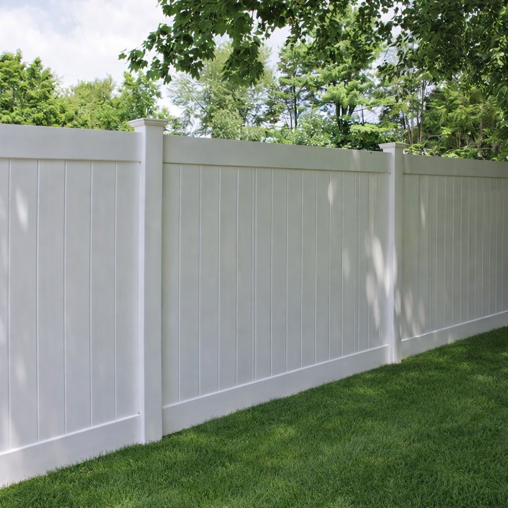 White vinyl privacy fence beside a green lawn with trees in the background
