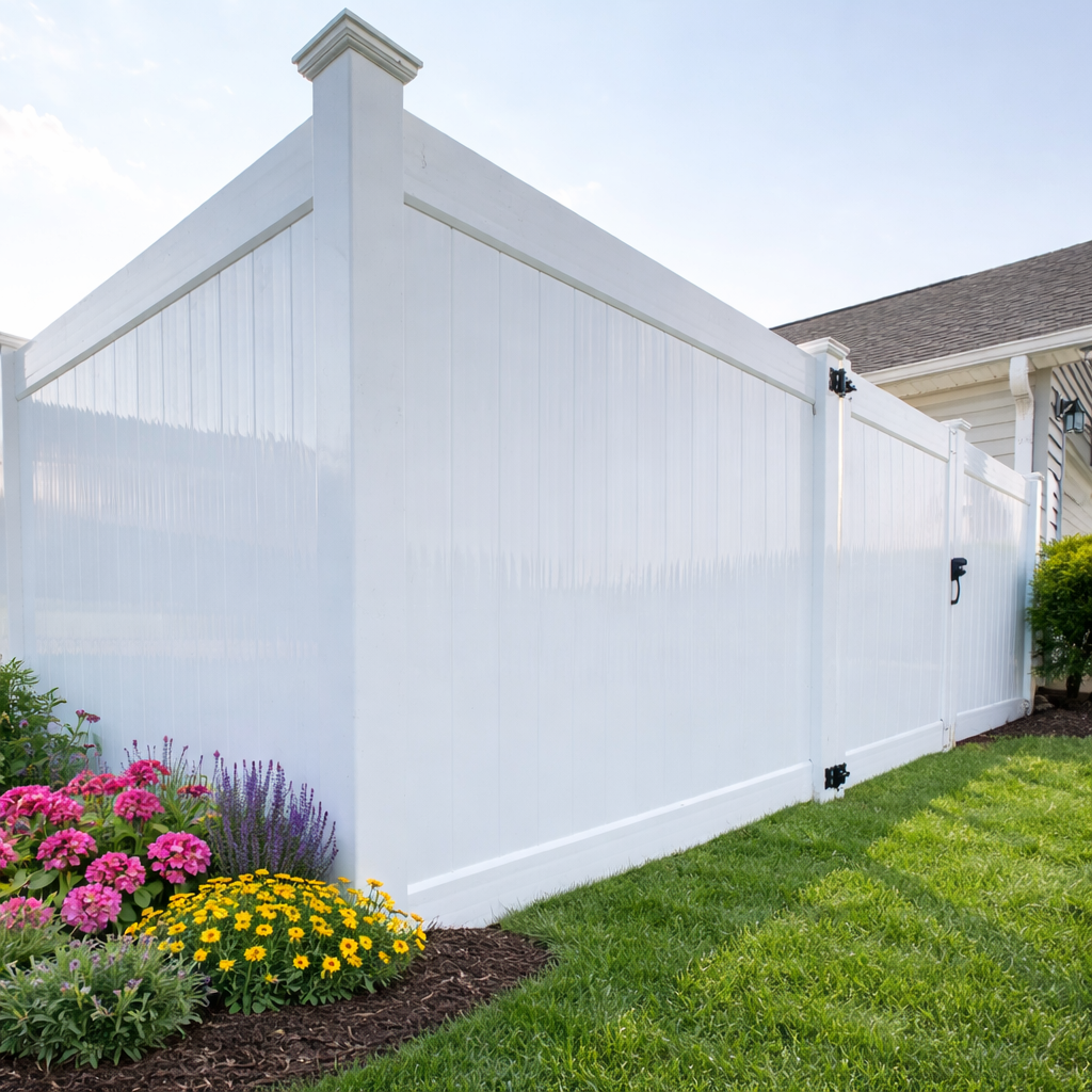 White vinyl privacy fence along a home with a flower bed of pink, purple, and yellow blooms