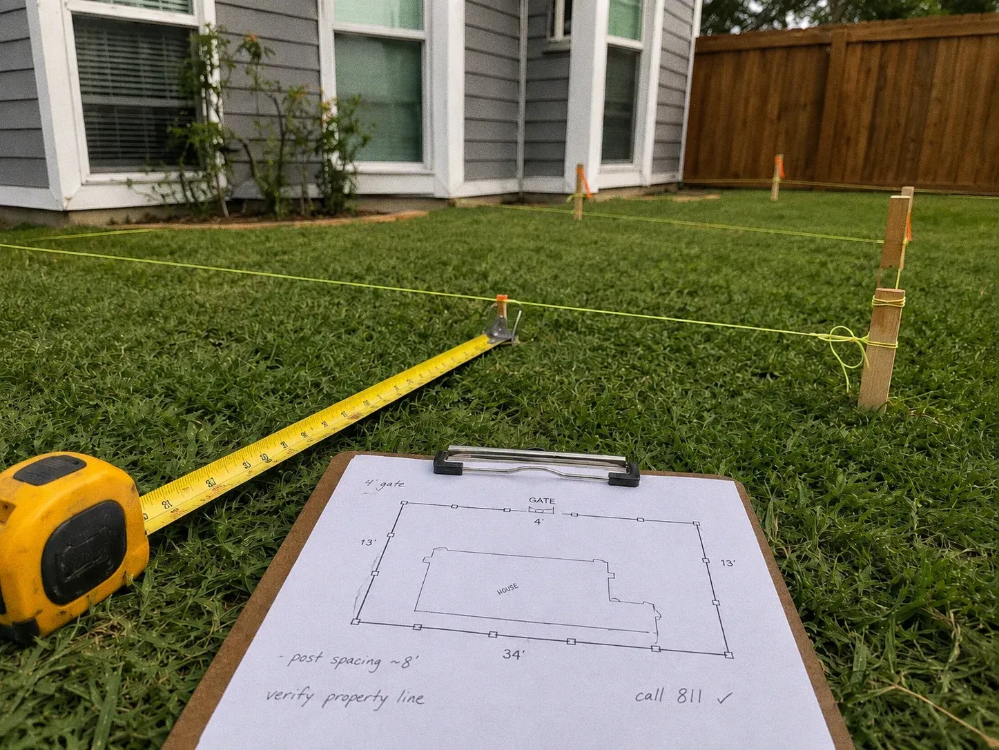 Tape measure and yard stakes marking a layout on grass beside a house.