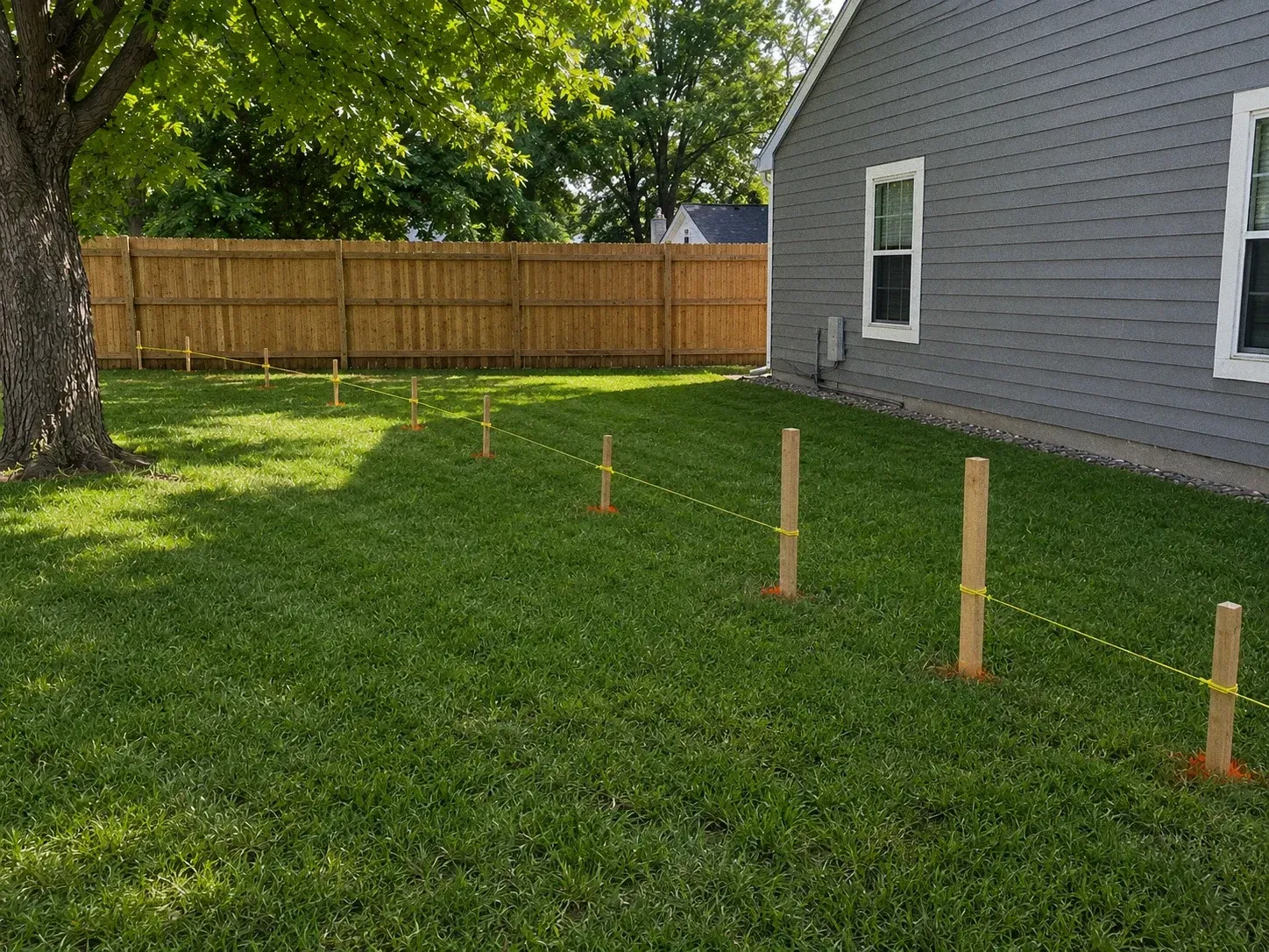 Backyard lawn with stakes marking a line beside a gray house and wooden fence