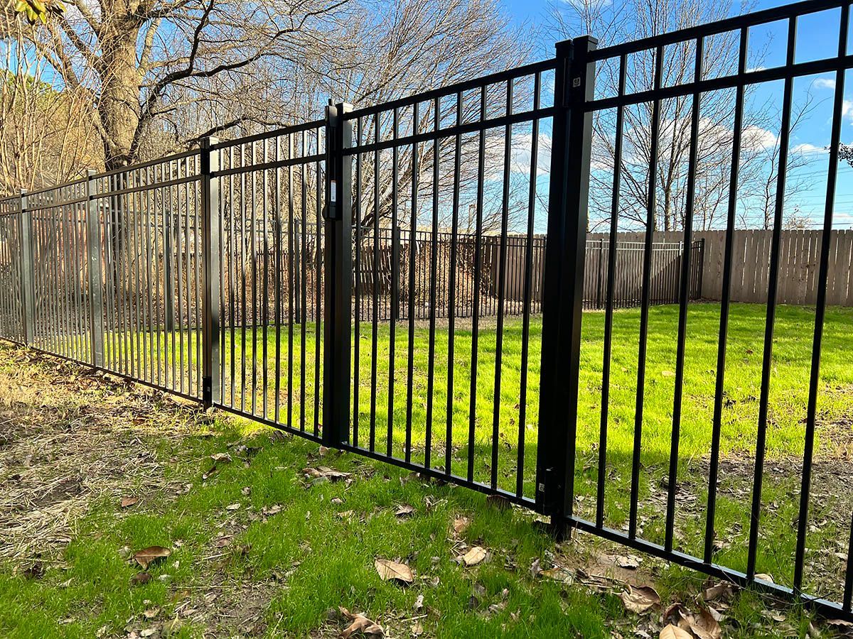 Black metal fence beside a grassy field with trees and blue sky behind it